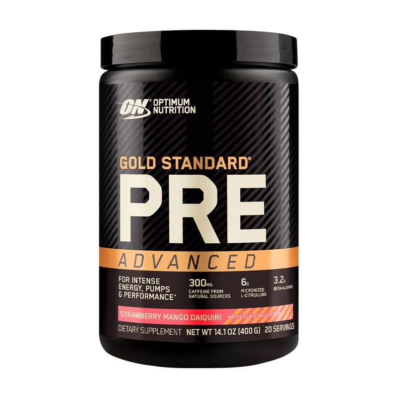 front view gold standard pre advanced 400g optimum nutrition strawberry mango daiquiri