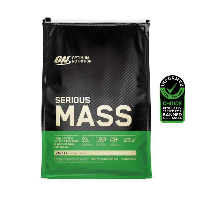 front view serious mass 12 lb optimum nutrition vanilla