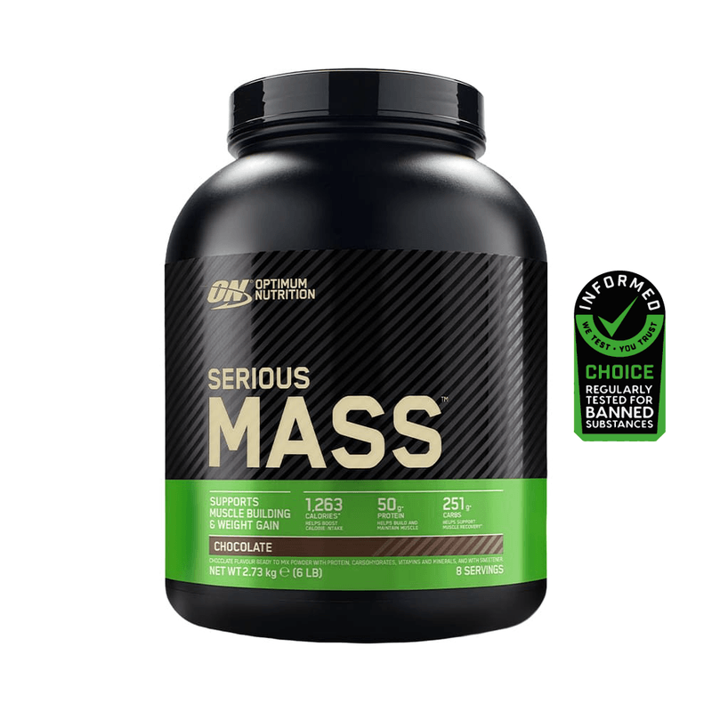 front view serious mass 6 lb optimum nutrition chocolate